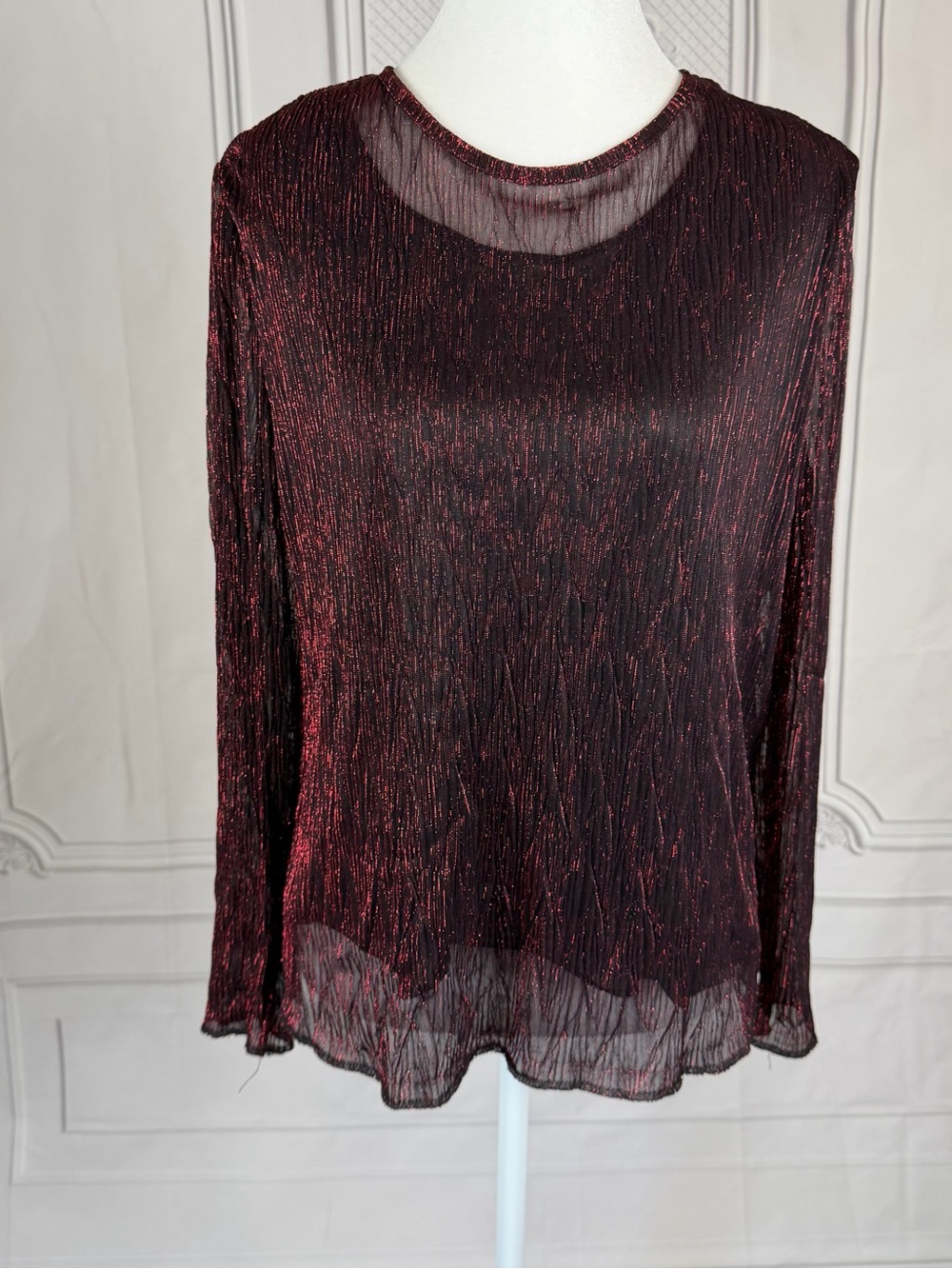 Lauren Lee Petite L Burgundy Metallic Crinkle Sheer Top Vintage Disco Party Glam
